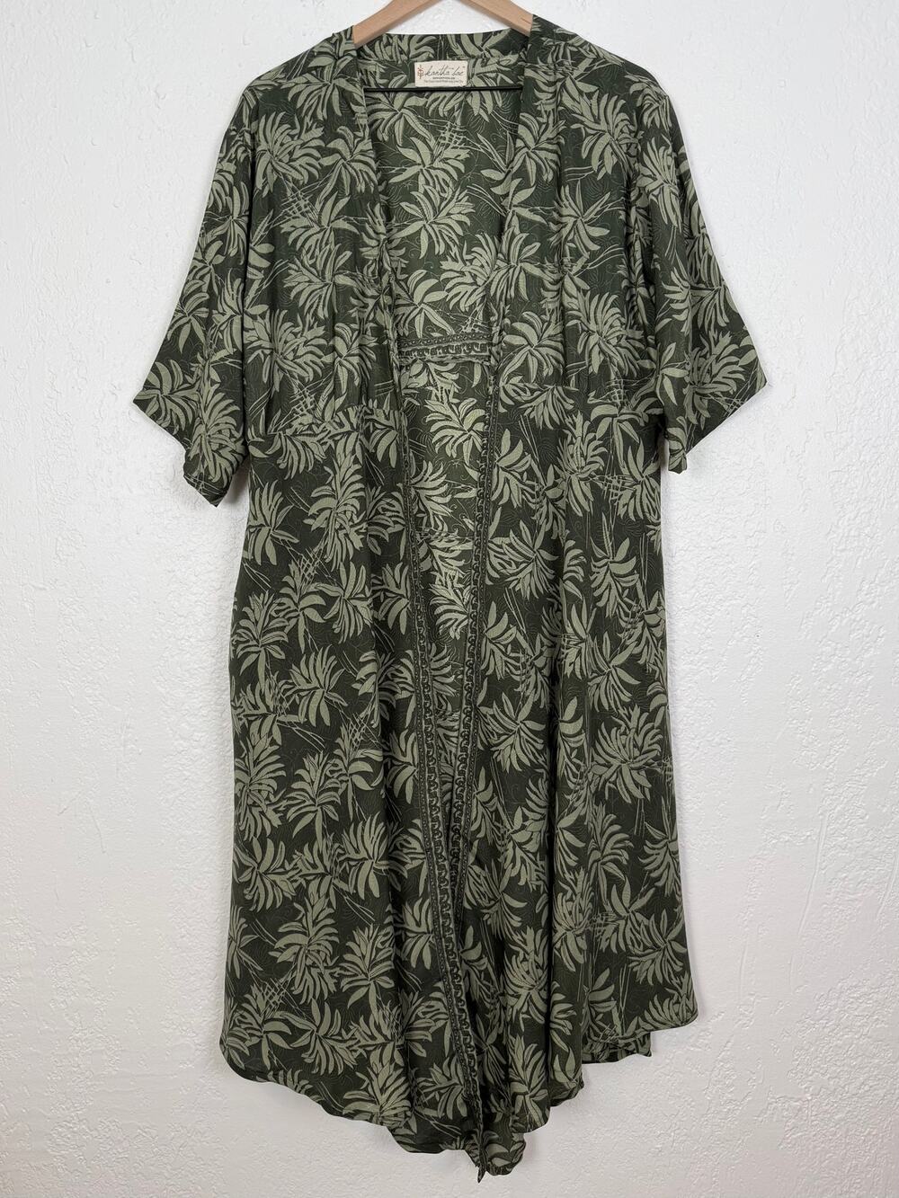 Kantha Bae Open Front Green Leaf Print Kimono Duster Lightweight Flowy Boho OS